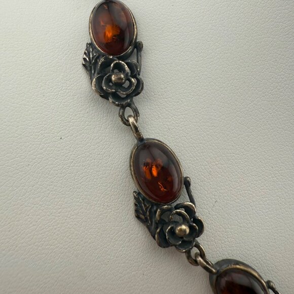 Vintage Sterling Silver Italian Amber Statement Necklace Floral Detail 925 Italy - Picture 2 of 10